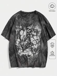 ROMWE MEN Street Life تي شيرت يانكي قطني بطبعة فراشة صبغ بالربط والصبغ للرجال، المدرسة - متعدد الألوان - مشاهدة 1