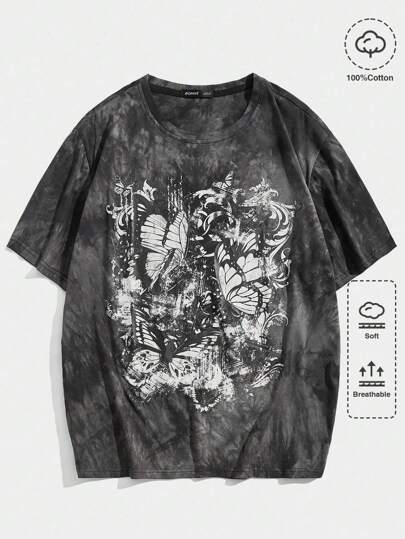 Men Cotton Tie Dye Butterfly Print Y2k T-Shirt, School