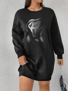 SHEIN EZwear Plus Size Winter Round Neck Long Sleeve Printed Minimalist Short Dress - Black - View 3