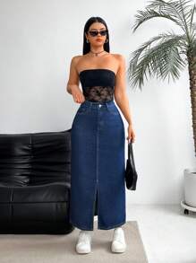 EMERY ROSE Women's Casual Denim Midi Skirt With Slit, Daily Wear