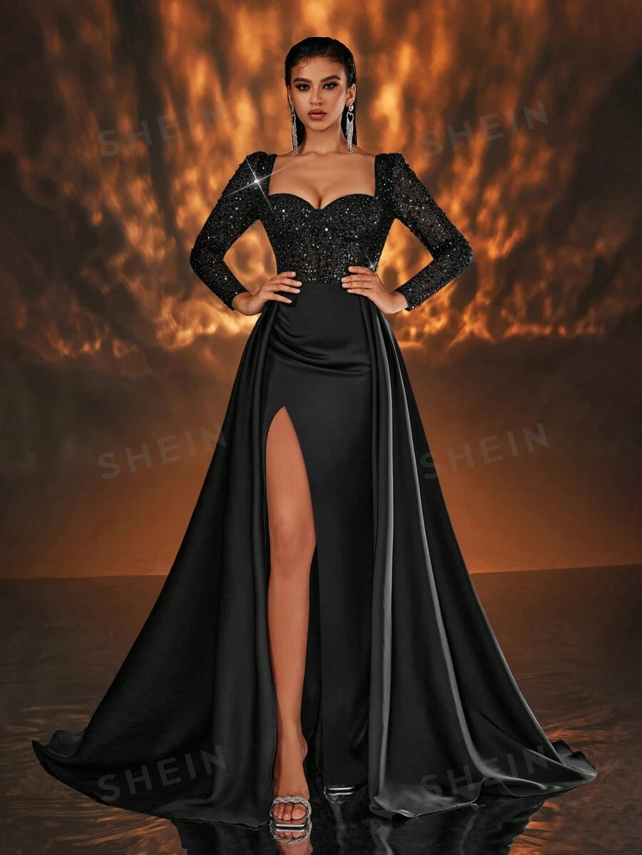 Glamrae Elegante y lujoso vestido formal de satén y gasa con parches de lentejuelas, manga larga, copas con boning en la parte delantera, abertura lateral alta y falda drapeada hasta el suelo, ideal para fiesta de graduación, cena o invitada de boda - Negro - Ver 1