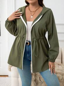SHEIN LUNE Plus Size Women Casual Solid Color Lantern Sleeve Drawstring Waist Zipper Front Hooded Coat, Autumn Winter Green Holiday Outfit Thermal