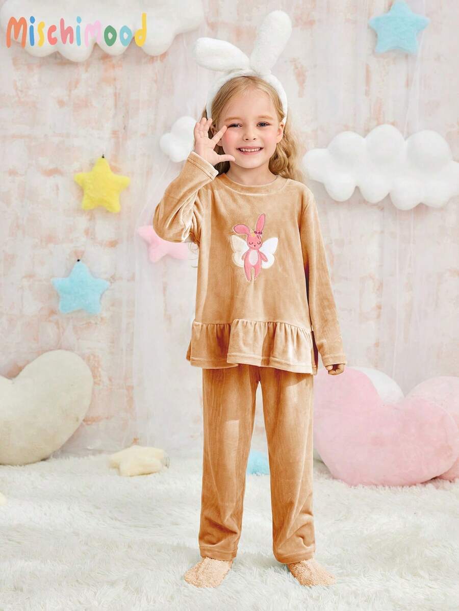 2pcs/Set Young Girl Khaki Minimalist Rabbit Embroidery Long Sleeve Top & Pants, Casual Homewear Set - Brown - View 1