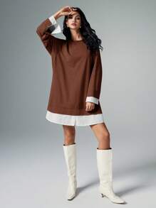 Poéselle Sweat-shirt ample en fausse fourrure, 2 pièces, col rond, manches raglan longues, ample, pour le printemps et l'automne, vêtements pour femmes, robes décontractées pour femmes, couleur unie