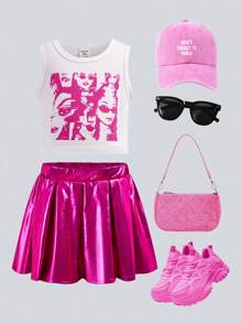 SHEIN Explorewe Baby Girl Summer Fashion Character Printed Top And Laser Pleated Skirt Set, 2pcs