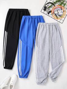 SHEIN 3pcs Sporty Set For Older Boys, Includes Casual Stylish Minimalist Dual White Striped Sweatpants For School, Suitable For Spring, Autumn And Winter Daily Outfits