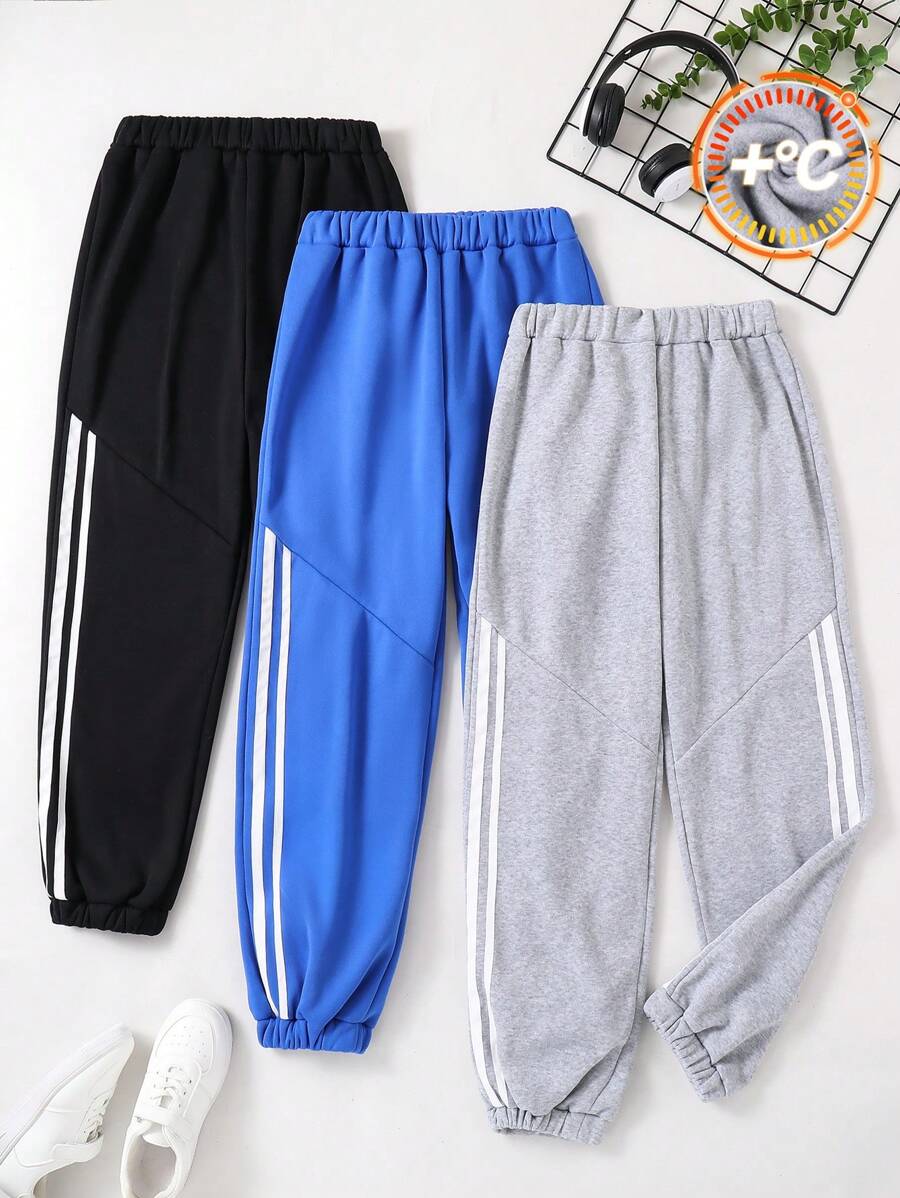 SHEIN 3pcs Sporty Set For Older Boys, Includes Casual Stylish Minimalist Dual White Striped Sweatpants For School, Suitable For Spring, Autumn And Winter Daily Outfits