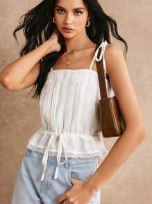 Poéselle Top de tirantes con encaje, bajo con volantes, adecuado para vacaciones, uso diario, salidas con hermanas, elegancia francesa