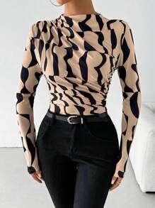 VaVaBold Camiseta de manga larga ajustada con cuello alto con pliegues y estampado aleatorio para mujeres, para atuendos de primavera