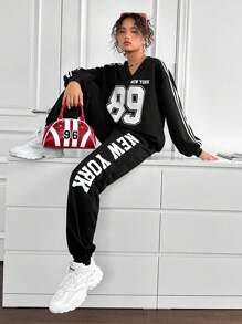 SHEIN Leap Crew 2pcs Teenage Girl Back To School V-Neck Numeric & Letter Print Athletic Casual Suit Set, Suitable For Autumn And Winter - Black - View 4