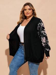 SHEIN CURVE+ Curve Plus Size Flower Printed Zipper Jacket
