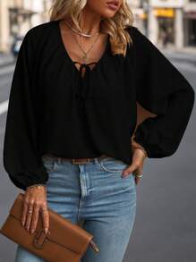 Women's Plus Size Fashion Solid Color Long Sleeve Shirt Fall Cloth For Women - Black - View 1