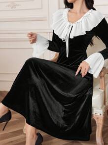Modelyn 女士蕾丝拼接蝴蝶结领双层袖连衣裙长款晚礼服 - 黑色 - 查看 6