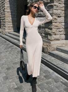 SHEIN Unity Casual Solid Color Twist Front Split Side Fitted Long Sweater Dress, Autumn Fall Cloth For Women - Apricot - View 3