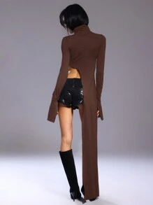 MUSERA Áo cổ lọ xẻ tà tay dài, thích hợp mặc đi biển, đi nghỉ mát, dự tiệc, đi lễ hội, mùa hè, mùa xuân. - Màu nâu Sô-cô-la - Xem 3