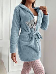 RueChic 1pc Cat Embroidery Hooded Belted Flannel Robe - Teal Blue - View 5