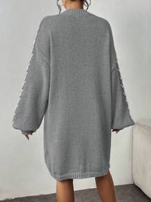 Chiquease Mock Necked Casual And Slouchy Women's Sweater Dress With Button Rope Design Fall Cloth For Women - Grey - View 2