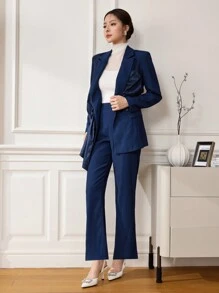 Modelyn Women's Navy Blue Patchwork Leopard Jacquard Suit Set, Professional And Chic, Autumn/Winter 2 Pieces Set
