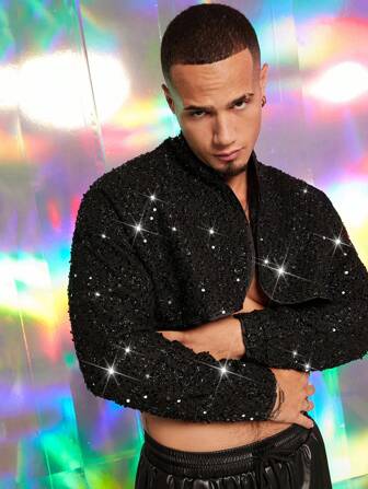 FeverCity 男士长袖亮片装饰长开衫，休闲日常穿着，外出长袖轻便夹克，适合朋友、丈夫、男朋友的礼物，适合秋冬