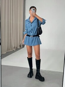 Flirla College Stil offene Front Kleid für Damen mit Mehreren Taschen