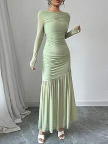 Firerie 女士网眼长袖圆领长裙，秋季休闲连衣裙。适合秋季服装、返校服装、教师服装 - 薄荷綠 - 查看 4