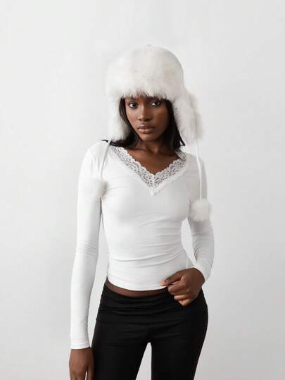 TRNVIE 1pc Women'sSimple V-Neck Lace Patchwork Long Sleeve Tight Fitted T-Shirt, White, Versatile Christmas & Winter Wear For Spring Outfit Fall Cloth For Women