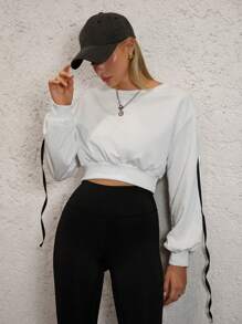 Hanevo Áo sweatshirt ngắn tay nữ phối màu tương phản, trang phục thể thao mùa thu, áo chui đầu mùa thu. - trắng - Xem 6