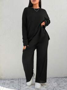 EURMUSE Plus Ribbed Knit Drop Shoulder Split Hem Tee & Pants - Black - View 3