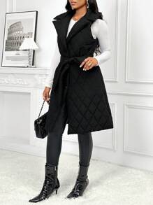 SHEIN Lady 纯色翻领系带绗缝背心外套和夹棉夹克