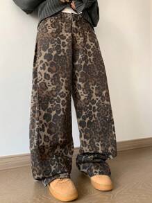 DAZY Women Straight Loose Wide-Leg Long Jeans, Casual Street Style Cheetah Print