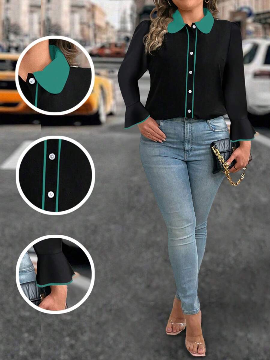 SHEIN Clasi Plus Size Women Elegant Elegant Contrast Collar Flare Sleeve Piping Blouse, Spring Autumn