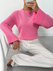 SHEIN Unity Women Loose Round Neck Drop Shoulder Solid Color Casual Sweater For Autumn/Winter, Knit Pullover Fall - Pink - View 3