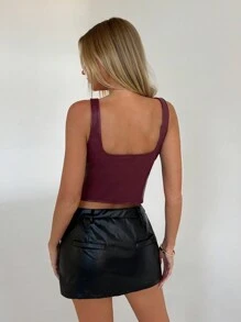 Aloruh Women's Sexy Solid Color Backless Criss Cross Front Crop Top, Elastic PU Fabric, Suitable For Everyday Wear - Burgundy - View 2