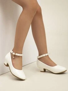 Pantofi de rochie albi pentru fete noi, pantofi cu toc inalt cu bretele perle pentru petrecere, performanta, nunti - alb - Vizualizare 5