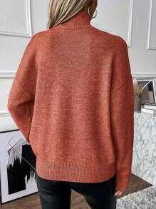 SHEIN Clasi 女士纯色露肩落肩袖休闲毛衣，秋冬针织套头衫 - 紅木色 - 查看 3