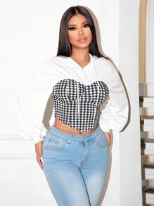 Zolique Women Casual Patchwork Houndstooth Print Hoodie Sweatshirt, Autumn Pullover Fall Outfit