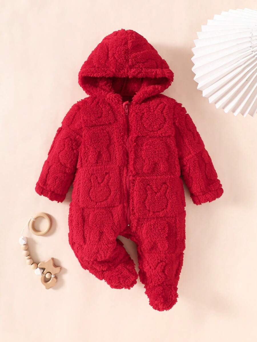 SHEIN 女婴睡衣，纯色浅粉色柔软羊毛长袖连帽连体衣睡衣 - 紅色 - 查看 1