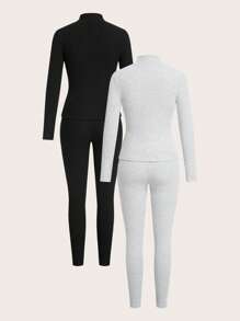 SHEIN EZwear Set de 2 piezas de chaqueta con cremallera y cuello acanalado de unicolor casual y leggings para mujer, otoño