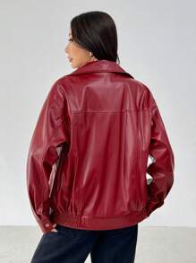 SHEIN PETITE Drop Shoulder Zip Up Black PU Jacket - Burgundy - View 2