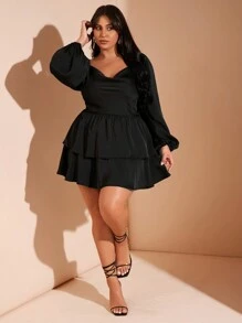 SHEIN BAE 大码女式优雅约会长袖缎面双层蛋糕连衣裙、鸡尾酒会礼服、圣诞节、新年、晚礼服、派对 - 黑色 - 查看 1