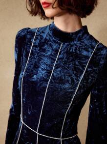 MOTF PREMIUM VELVET MOCK NECK RHINESTONE TRIM MIDI DRESS - Blue - View 3