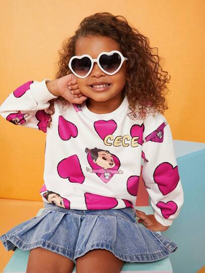 CoComelon X SHEIN Young Girl Cute Sweet Casual Pink & White Heart & Cartoon Figure Print Loose Fit Sweatshirt, Suitable For Autumn/Winter