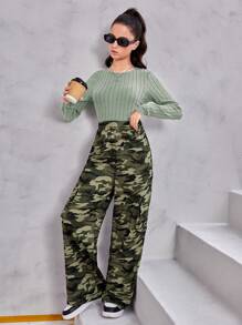 SHEIN Ensemble sport casual 2 pièces : top à manches longues froncé à rayures moelleuses et pantalon large de camouflage pour adolescentes