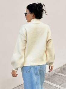 EURMUSE Women Embroidery Detailed Mock Neck Drop Shoulder Pullover - Beige - View 3