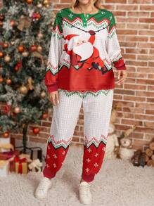 EMERY ROSE Conjunto de 2 piezas de ropa para mujer de talla grande, con parte superior holgada con botones y estampado de Papá Noel y pantalones, conjunto de ropa de otoño