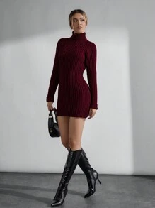 EURMUSE Women Solid Color High Neck Rib Knit Long Sleeve Sweater Dress - Burgundy - View 4
