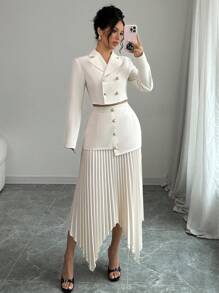 Selianne 2 件套女士西装外套领子收褶腰线纽扣式褶皱不对称优雅服装 - 米色 - 查看 6
