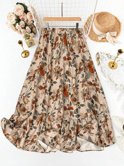 SHEIN LUNE 花卉印花荷叶边下摆半身裙，适合度假，秋季