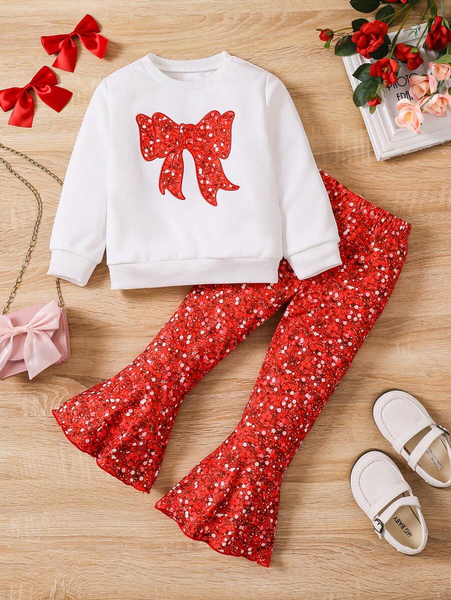Young Girl Fashionable Casual Chic Soft Fabric Bow Print Crew Neck Sweatshirt And Flare Pants Set, Suitable For Outings, Travel, Vacation, And Daily Casual Wear - Multicolor - View 1