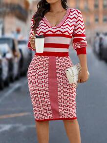 SHEIN Clasi 大码红白 V 领几何波浪条纹长袖紧身毛衣连衣裙，适合冬季 - 紅白色 - 查看 1